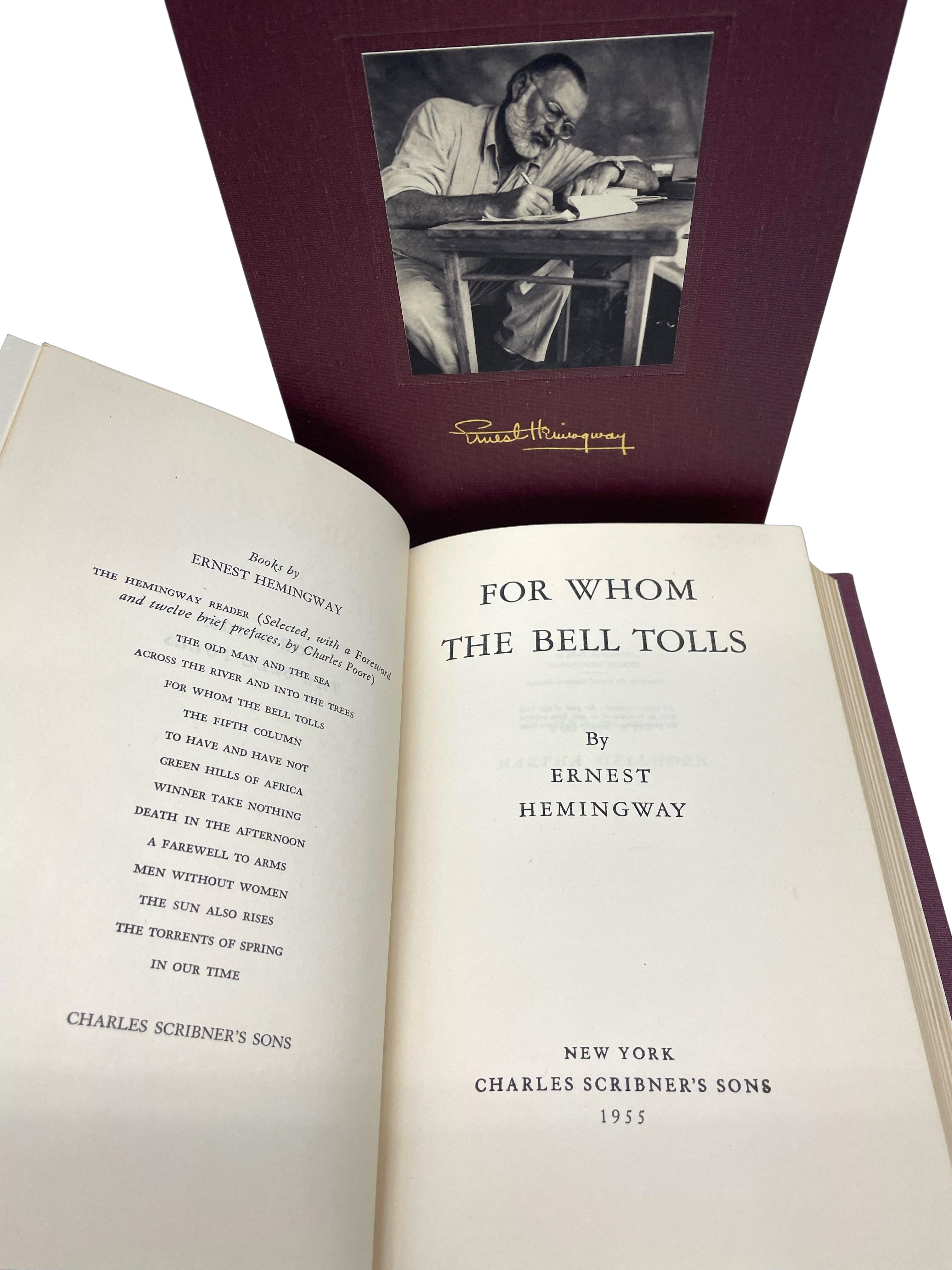 Hemingway, Ernest. For Whom The Bell Tolls. New York: Charles Schribner’s Sons, 1955. Later edition. Signed and inscribed by Hemingway on front free endpaper. Octavo. Rebound in ¼ black leather and burgundy cloth boards with gilt tooling to the