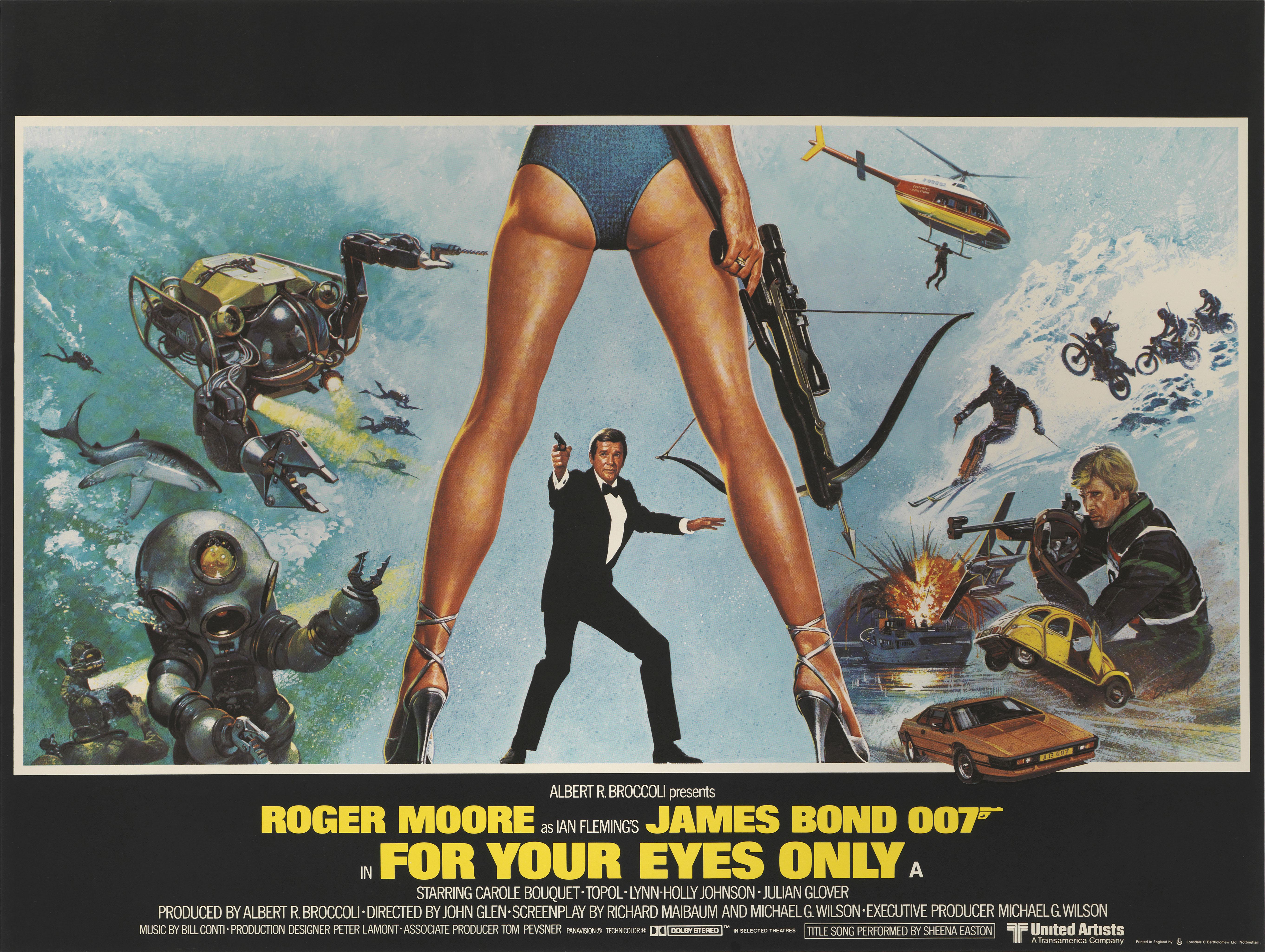 Originales britisches Filmplakat für den James-Bond-Film For Your Eyes Only von 1981.
Dies war der zwölfte Film der James-Bond-Reihe, der von Eon Productions produziert wurde, und der fünfte mit Roger Moore in der Rolle des James Bond. Der Film war