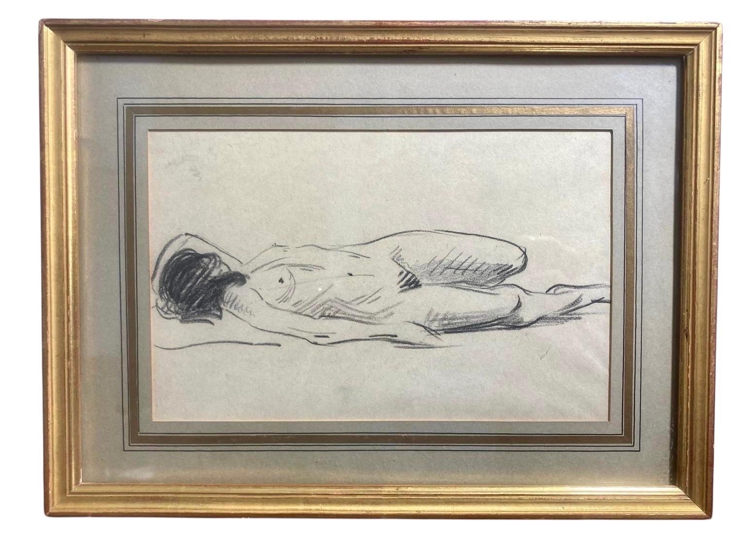 Jean Louis Forain - Dessin d'une femme nue allongée - fusain - 19e - France en vente 1