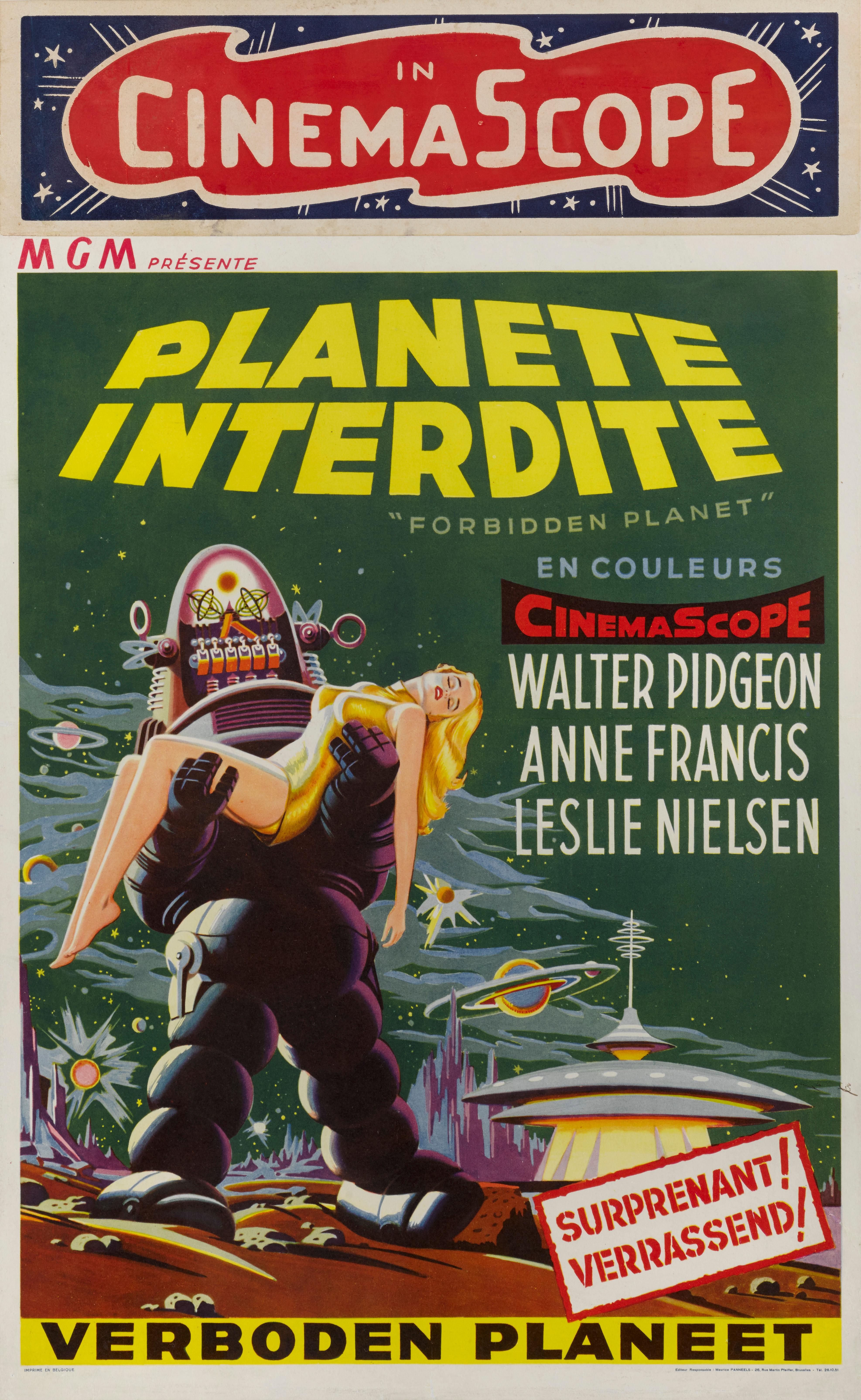Original Belgian film poster for the Classic 1956 epic science fiction film.
Forbidden Planet is one of the most cherished sci-fi Classic films of all time. It is based on Shakespeare's The Tempest. The film was directed by Fred M. Wilcox, and