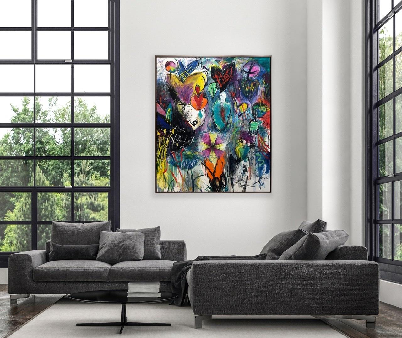 Pintura al óleo, óleo en barra y cera sobre lienzo. 