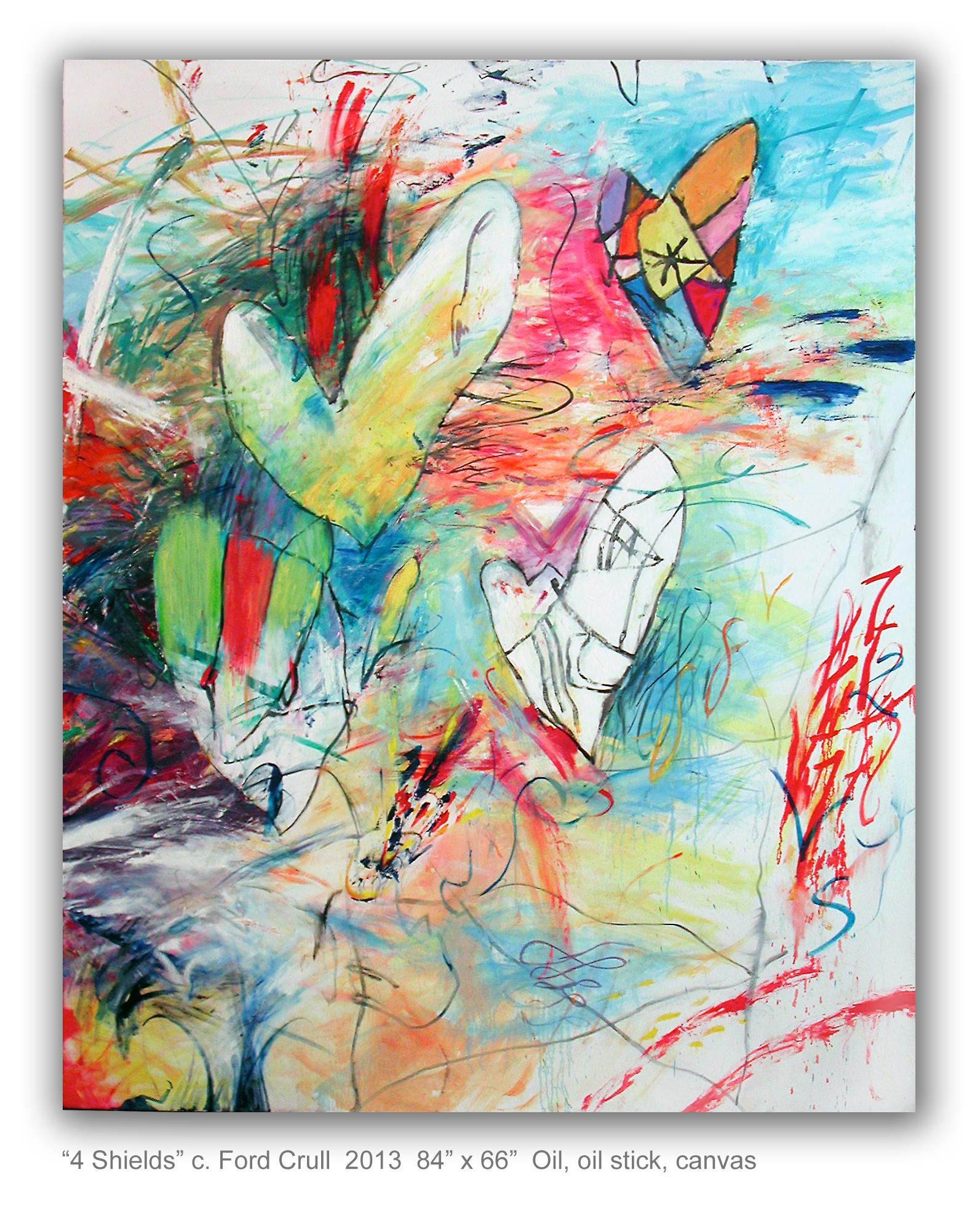 Ford Crull Abstract Painting - 4 SHIELDS - large colorful abstract painting with hearts and symbols