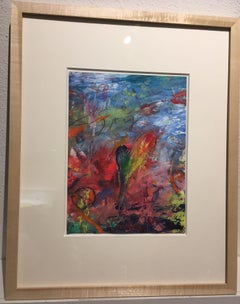 A SORRY HEART - green, blue, pink, yellow abstract painting with symbols