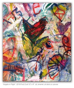 ANGELS IN FLIGHT - colorful abstract painting with hearts and symbols