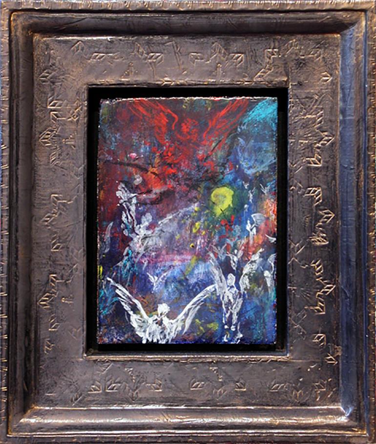 Ford Crull Abstract Painting - BATTLE FOR THE MOON - small abstract painting with figures and incised frame