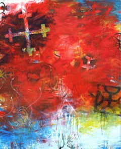 BATTLE OF JACOB'S FORD - abstract red, blue and yellow painting with symbols