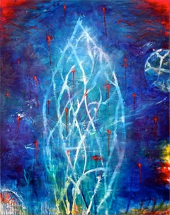 CHASTELLET - large blue and white abstract painting with symbols