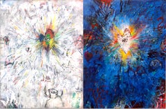 HEARTS OF CONCERN - blue and white abstract painting with hearts and eyes