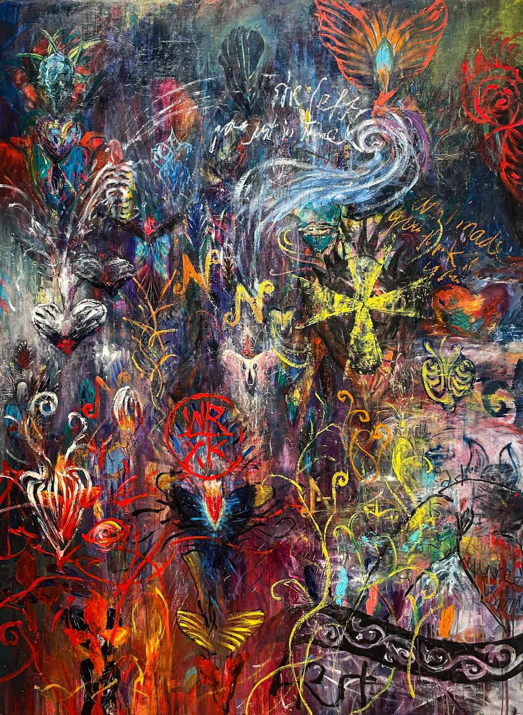 Abstract Painting di Ford Crull - "Izapa 2", pittura a olio neo-espressionista colorata