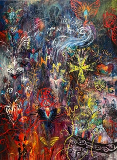 "Izapa 2", Colorful Neo-Expressionist Oil Painting