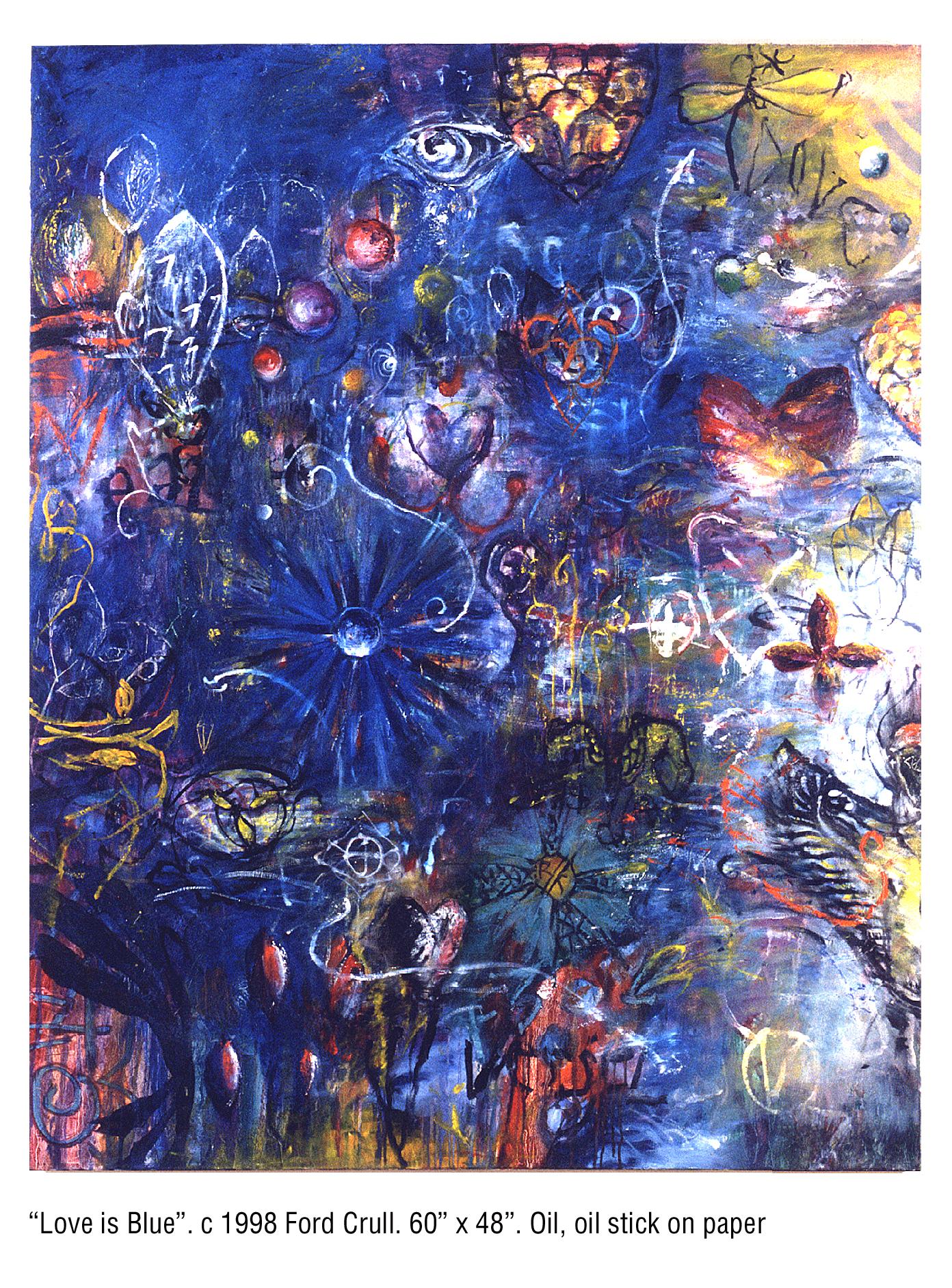 Ford Crull Abstract Painting - LOVE IS BLUE - large blue and yellow abstract painting with symbols 