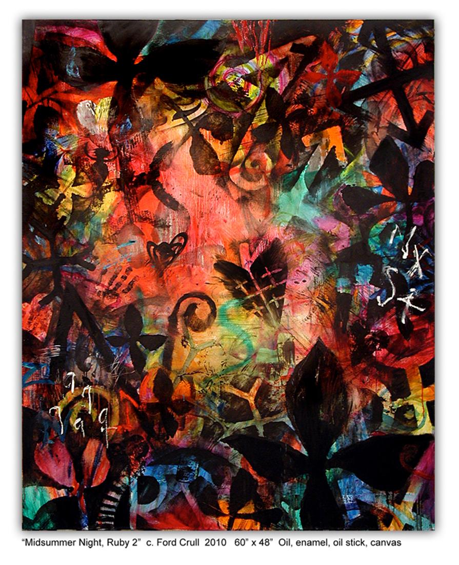 Ford Crull Abstract Painting - MIDSUMMER NIGHT RUBY 2 - large colorful abstract painting with symbols 