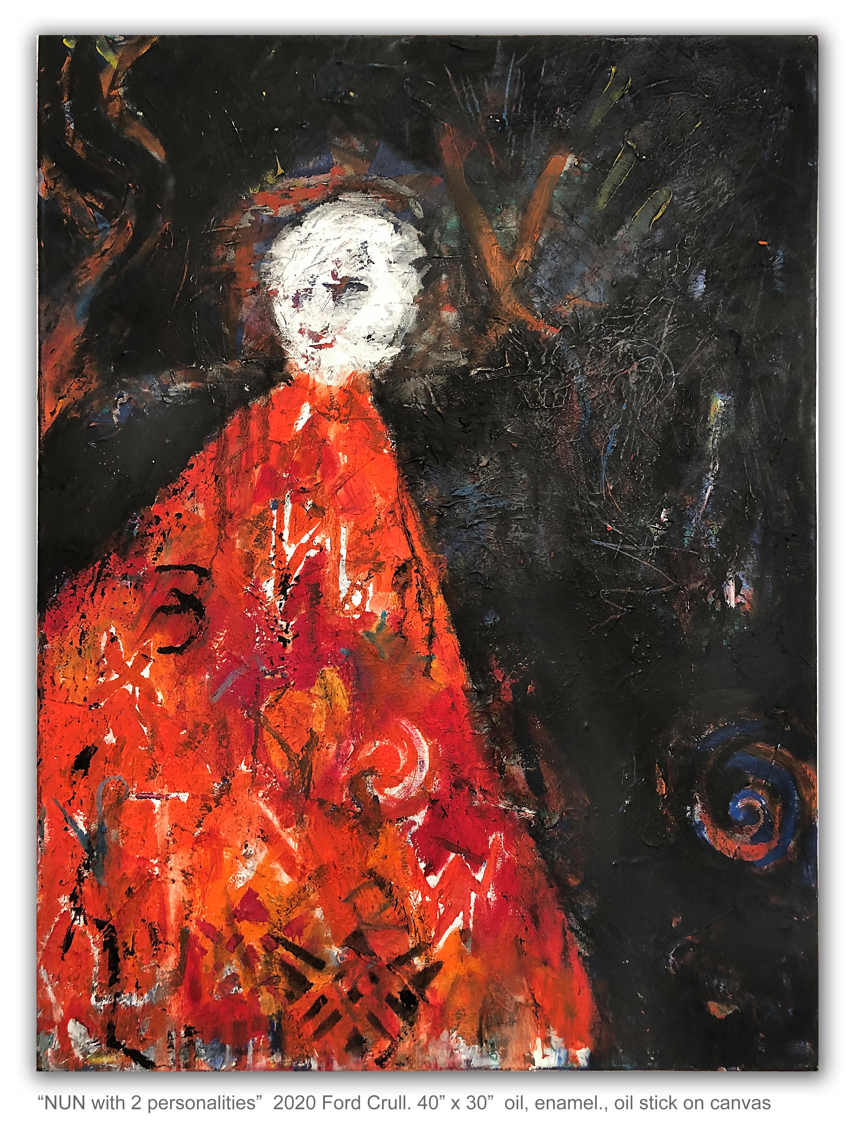 Ford Crull Abstract Painting - NUN WITH TWO PERSONALITIES - red and black figurative painting 