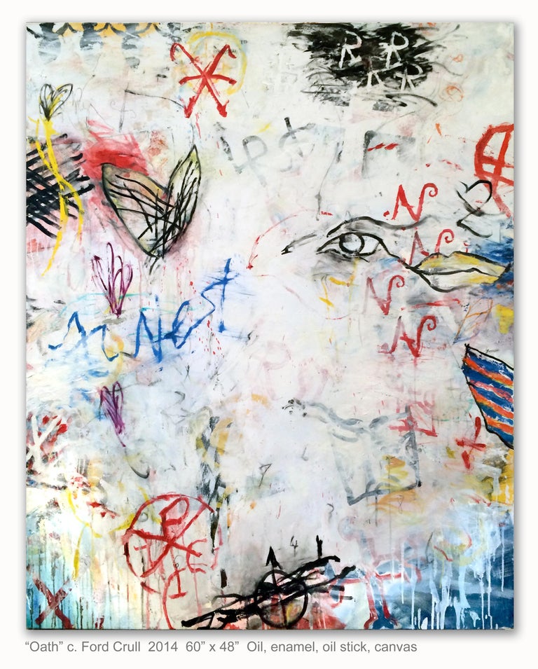 Ford Crull Abstract Painting - OATH - large white, blue, red abstract painting with symbols