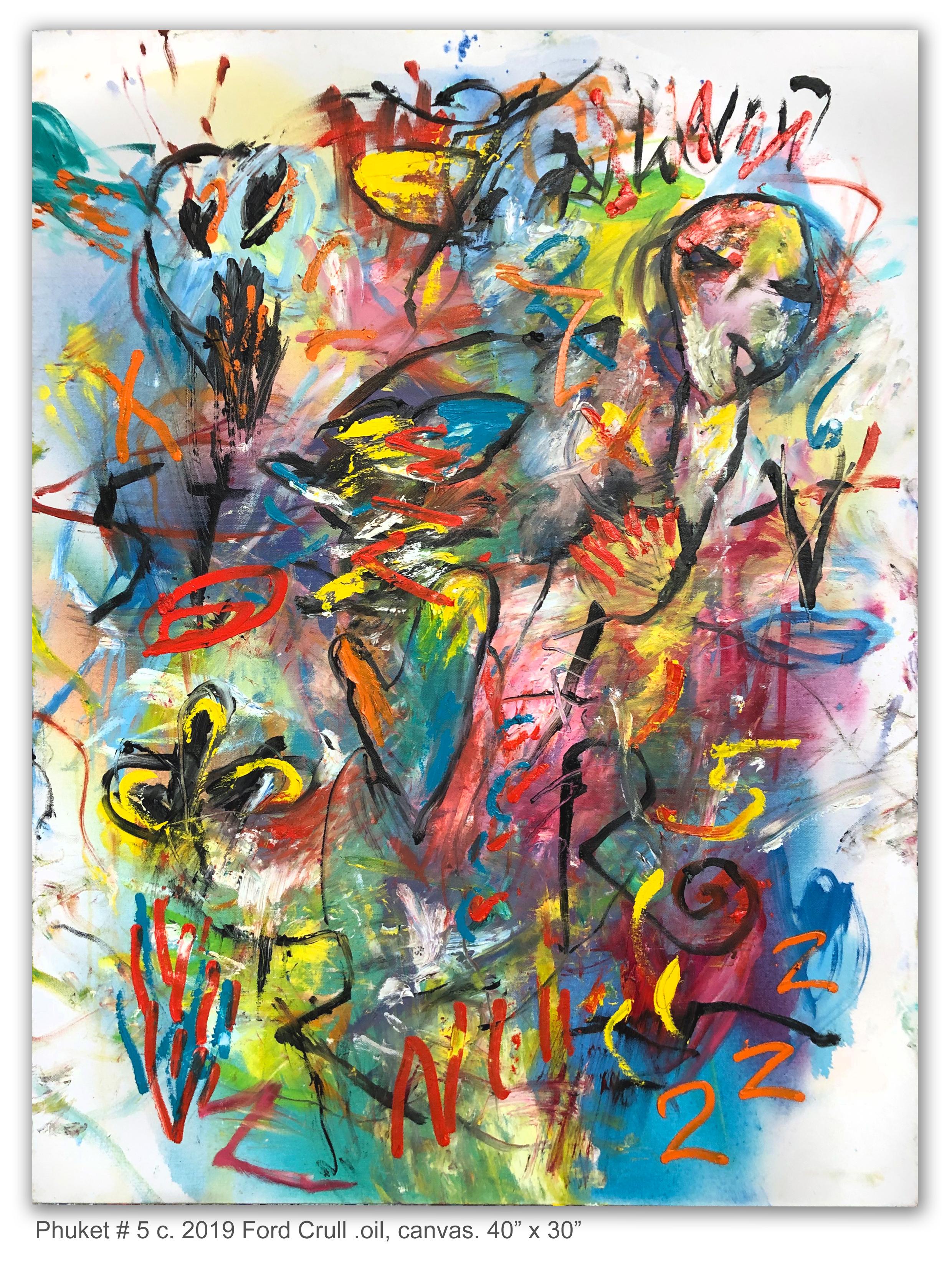 Ford Crull Abstract Painting - PHUKET #5 - yellow, blue, green, pink abstract painting with symbols