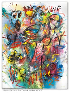 PHUKET #5 - yellow, blue, green, pink abstract painting with symbols