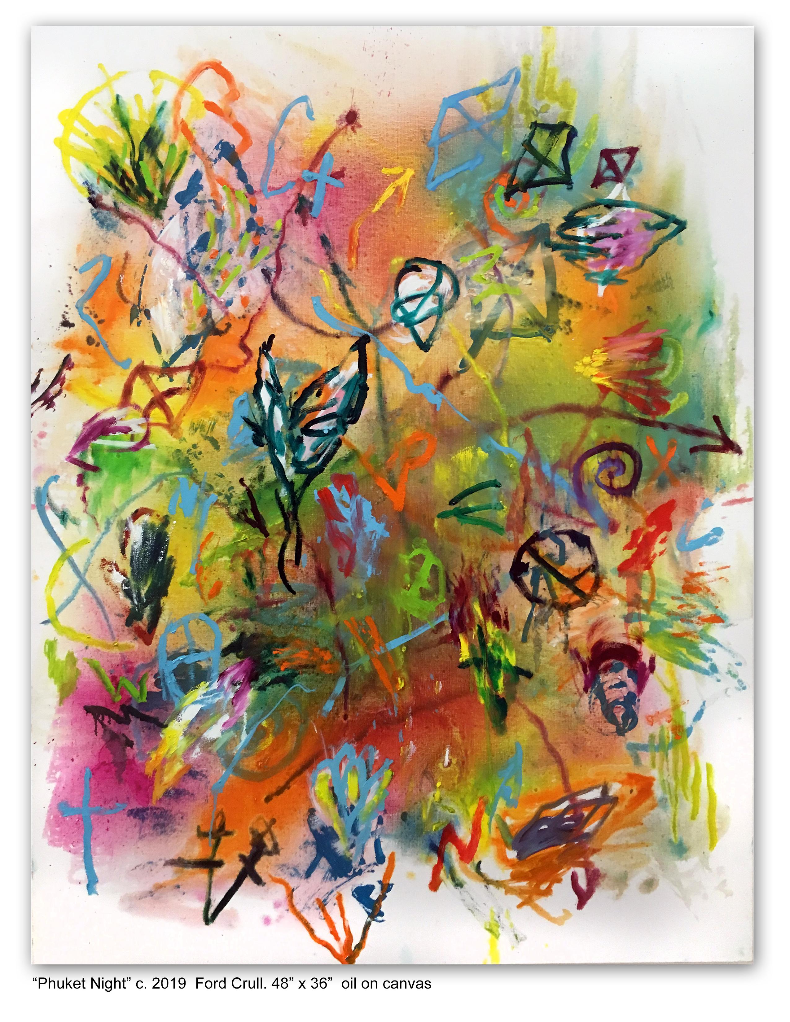 Ford Crull Abstract Painting - PHUKET NIGHT - green, orange, pink, yellow abstract painting with symbols