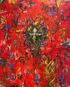 "Red Cross/Flower"- Colorful & Vibrant Neo-Expressionist Painting