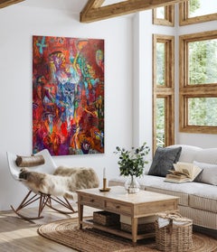 „Red Sonata“ – lebhaftes rotes Gemälde des Neo- Expressionismus in Mischtechnik