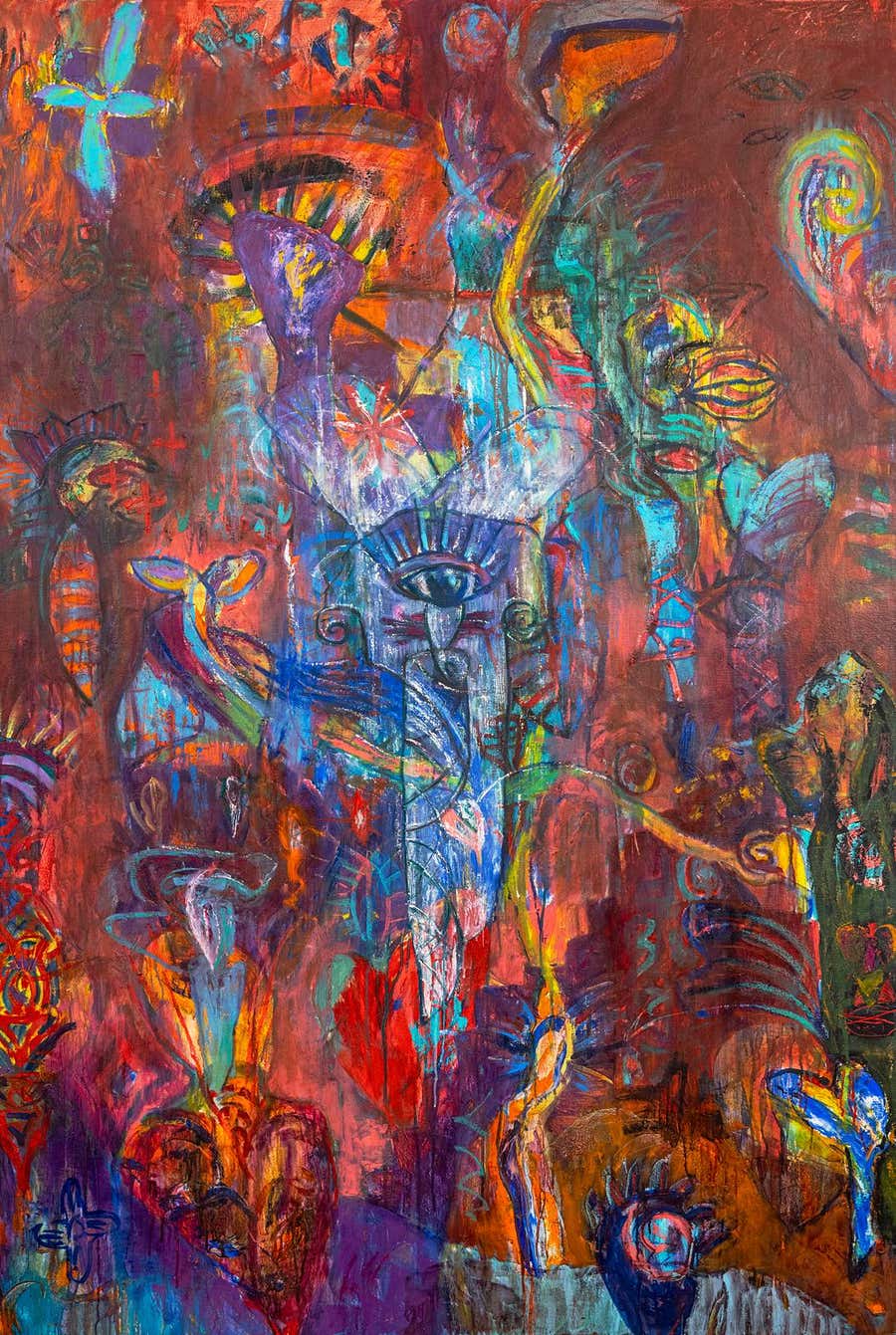 "Red Sonata"- Vibrant Red Neo Expressionist Mixed Media Painting