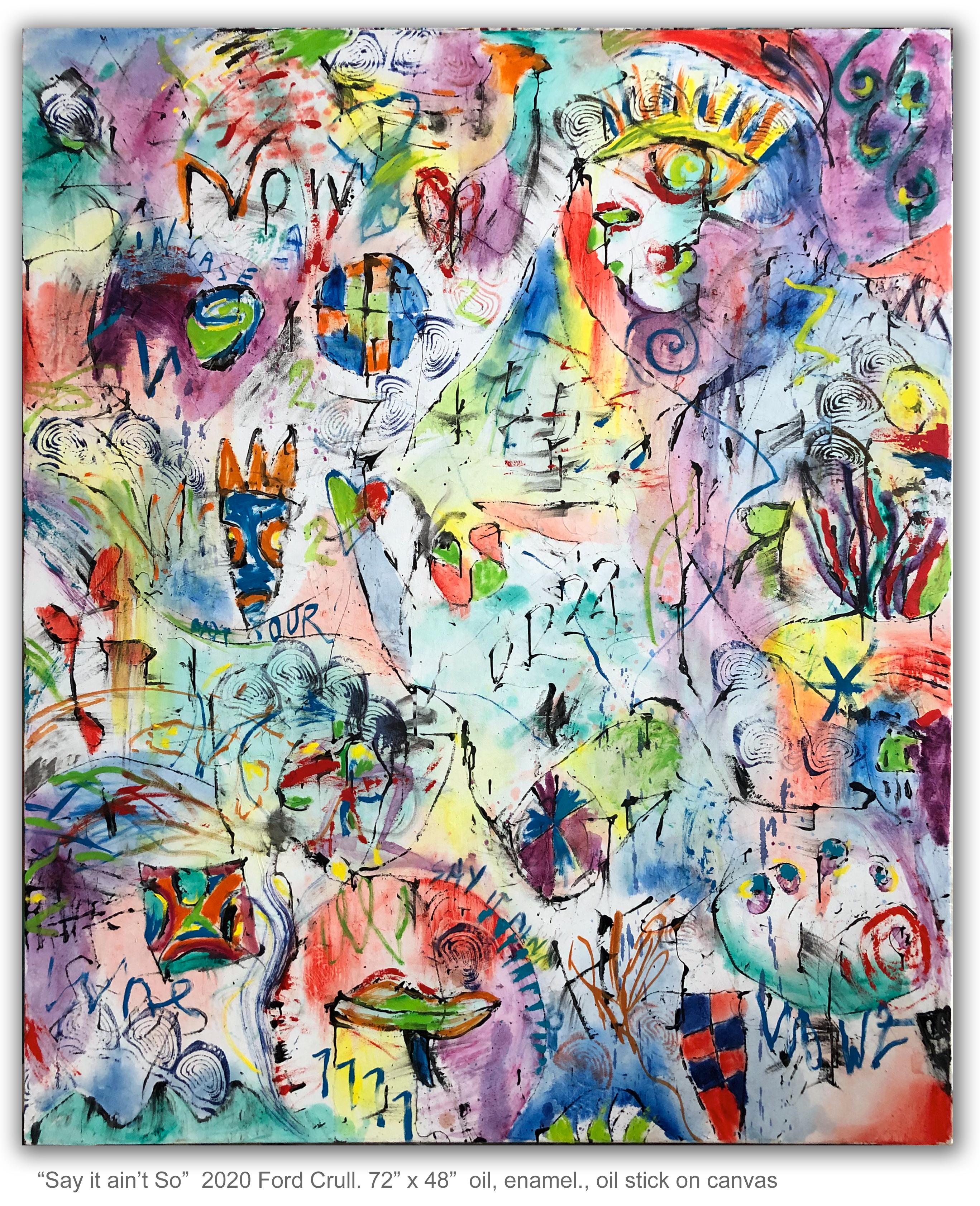 Ford Crull Abstract Painting - SAY IT AIN'T SO - large colorful abstract painting with symbols 