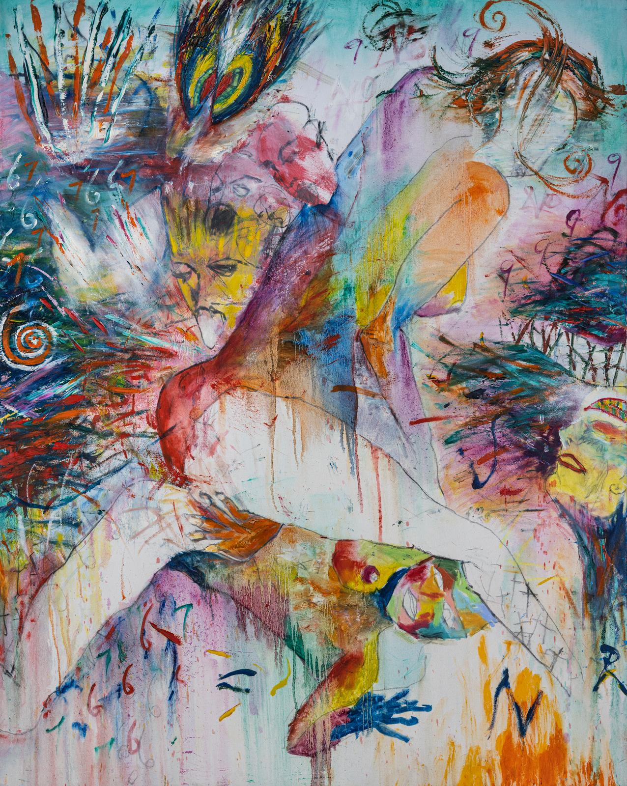 « She Knows It », peinture abstraite/figurative énergique en techniques mixtes colorées