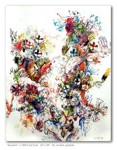 SOUVENIR - abstract yellow, orange, green and blue painting with symbols