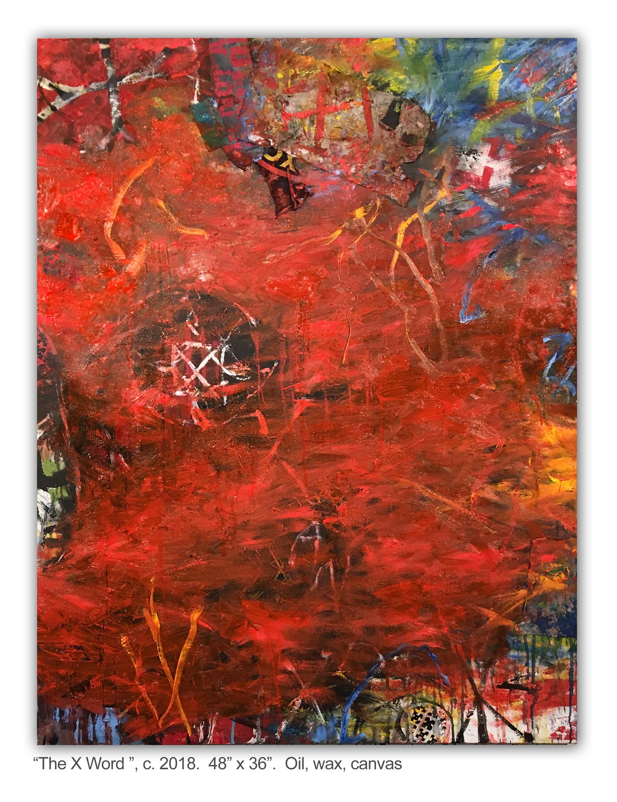 Ford Crull Abstract Painting - THE X WORD - red abstract painting with symbols 