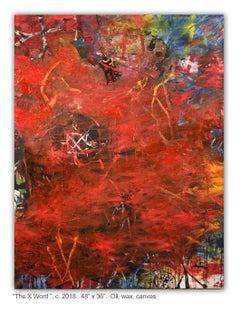 THE X WORD - red abstract painting with symbols
