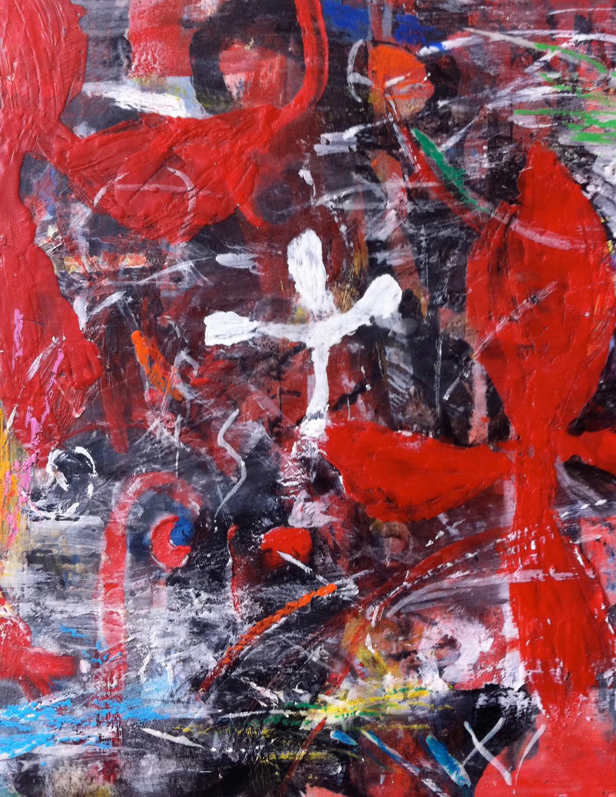 Ford Crull Abstract Painting - WHITE ROSE #14 - colorful abstract red painting with symbols