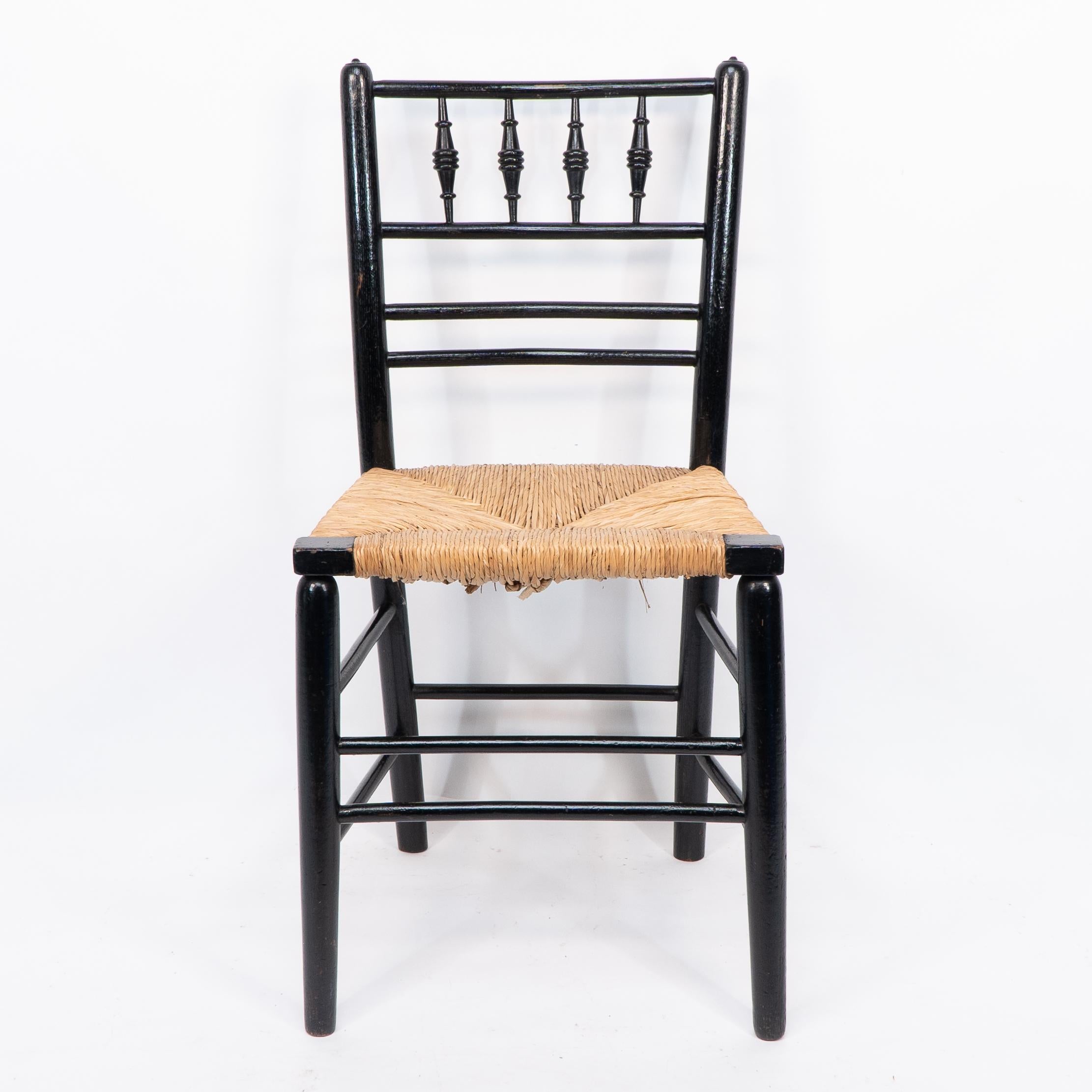 English Morris & Co attr to Philip Webb. Aesthetic Movement pair rush seat Sussex chairs For Sale