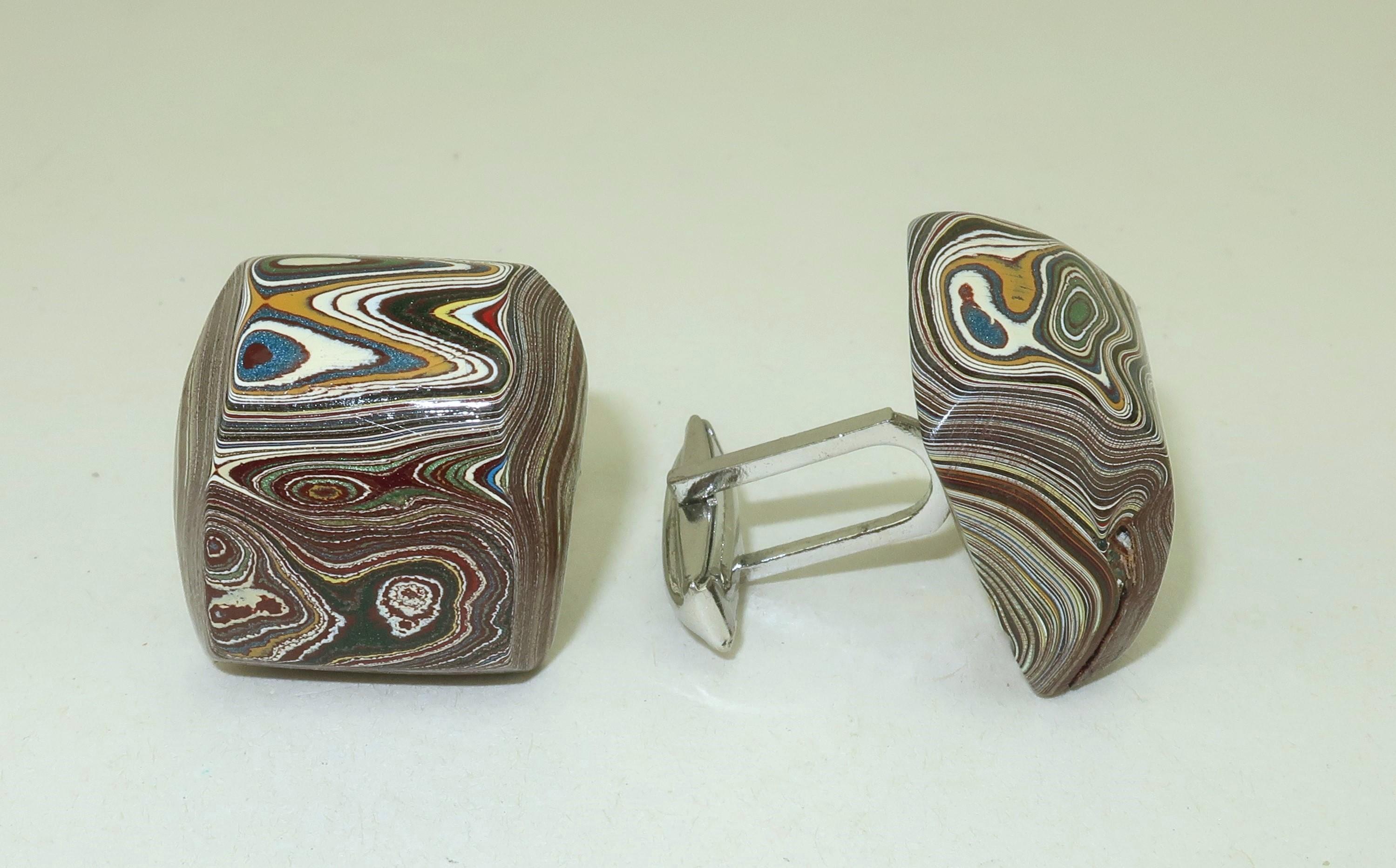 FORDITE ‘Detroit Agate’ Cufflinks, 1970's In Good Condition In Atlanta, GA