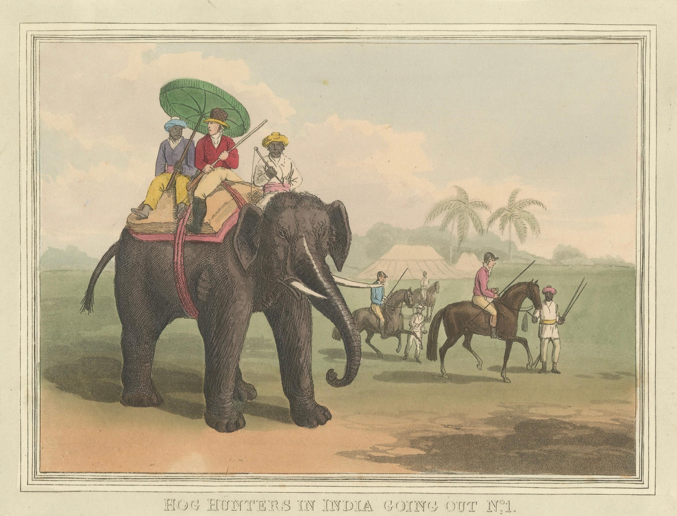 Foreign Field Sports: Hog Hunting In India Aquatinta von Dubourg & Howitt, 1813 im Zustand „Gut“ im Angebot in Langweer, NL