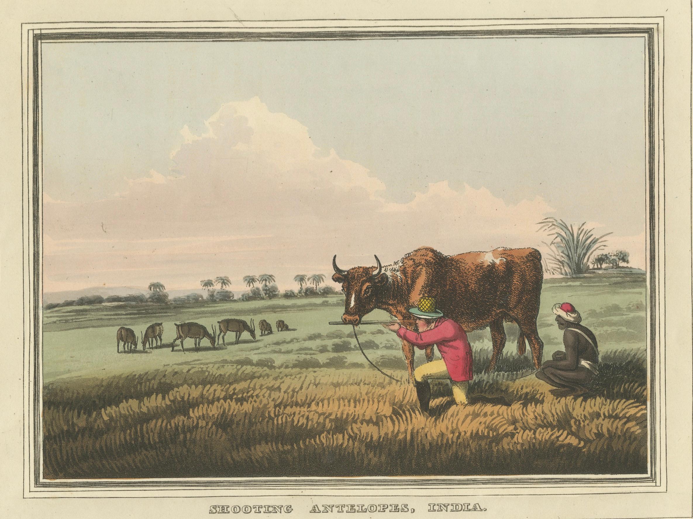 Foreign Field Sports: Shooting Antelopes in India, Aquatint, 1813 In Good Condition For Sale In Langweer, NL