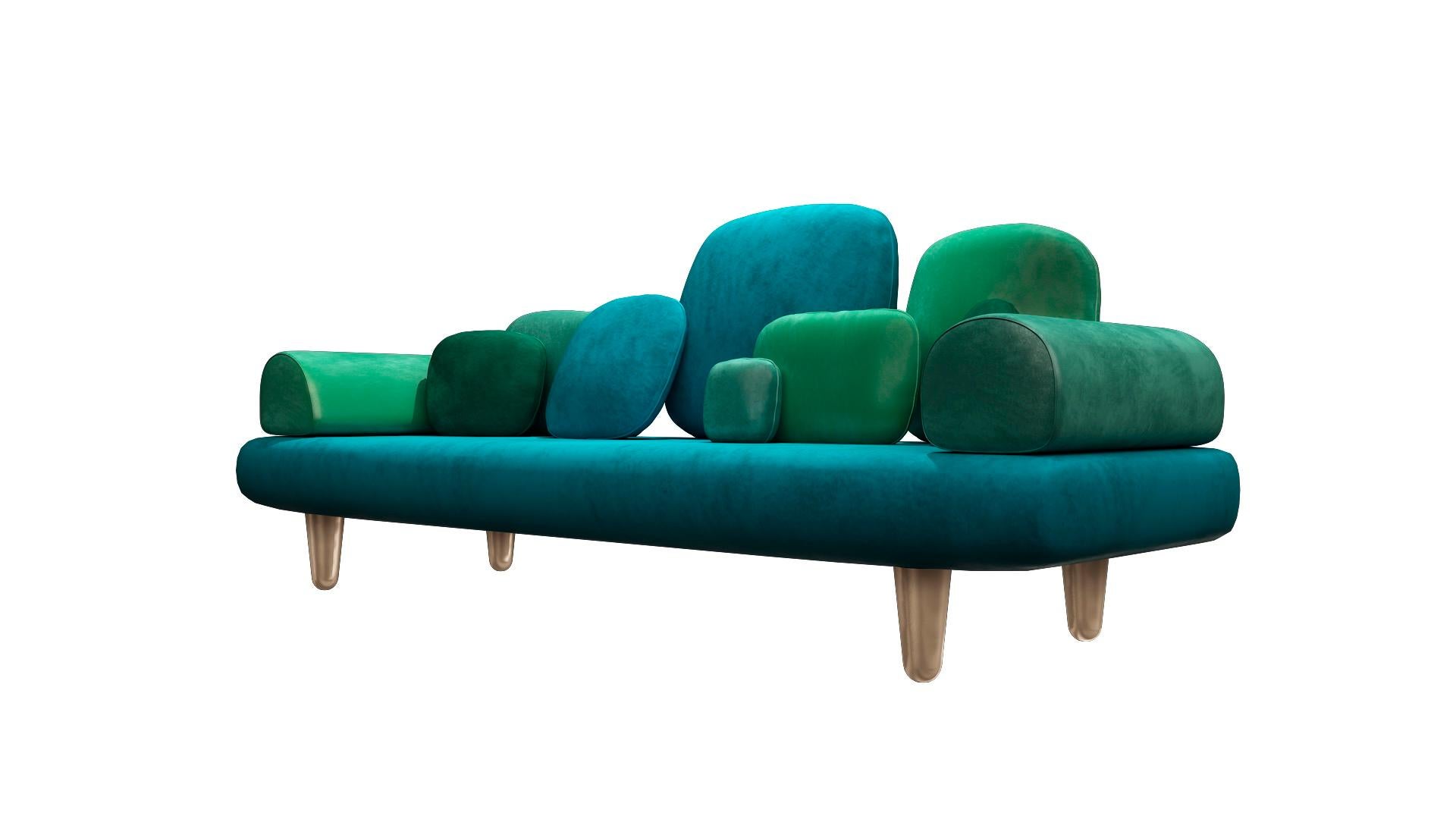 Forest 3-seat sofa with plush green velvet by Marcantonio, is a comfortable three-seat sofa with an array of cushions in a variety of green velvets.

For his debut creations, Marcantonio introduced “Vegetal Animal”, a concept that evokes strong
