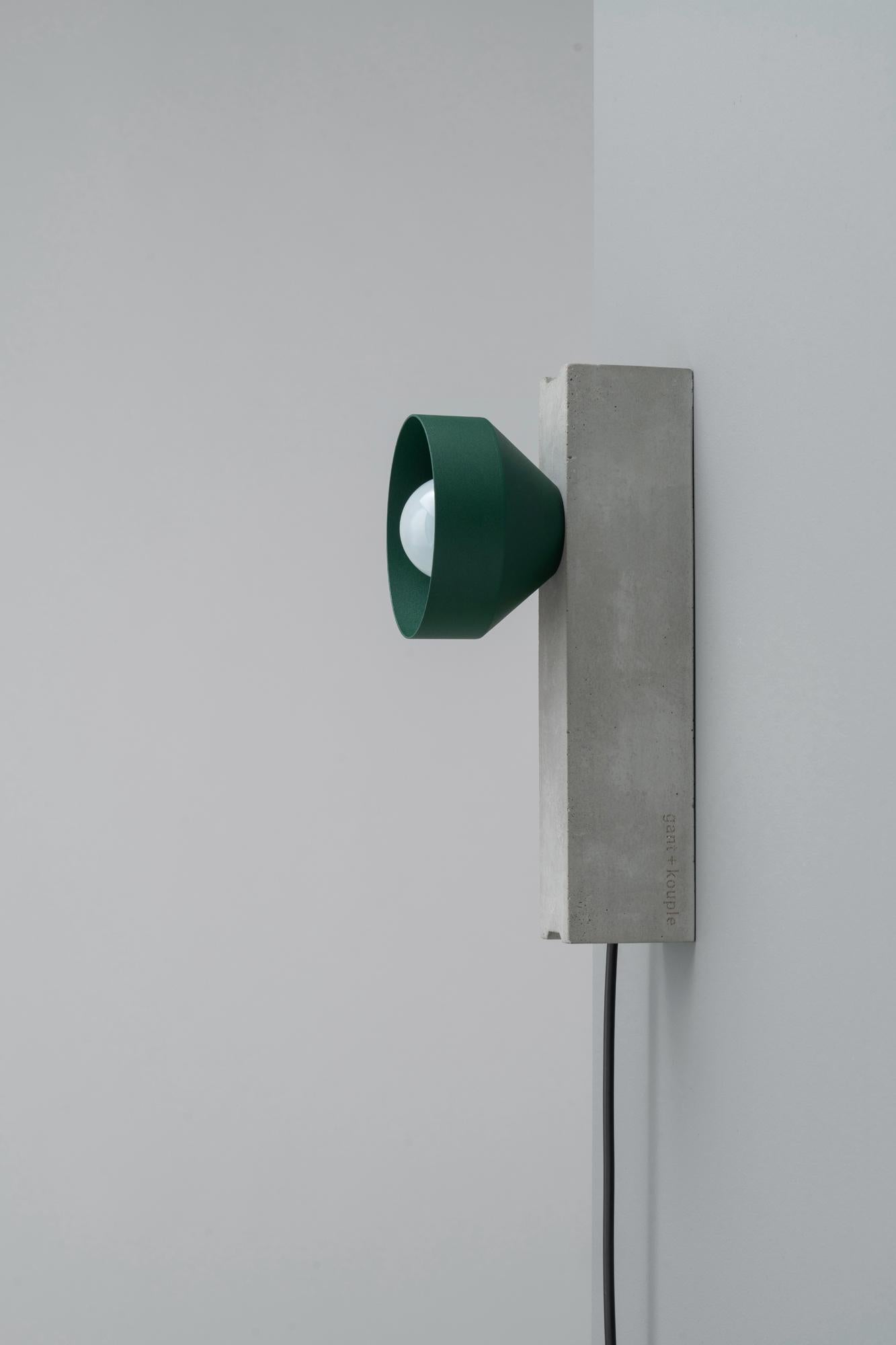 Forest Block Wall Lamp by +kouple
Dimensions: D 26 x W 10 x H 12,7 cm.
Materials: Concrete, powder-coated steel and textile. 

Available in different color options. Please contact us.

All our lamps can be wired according to each country. If sold to