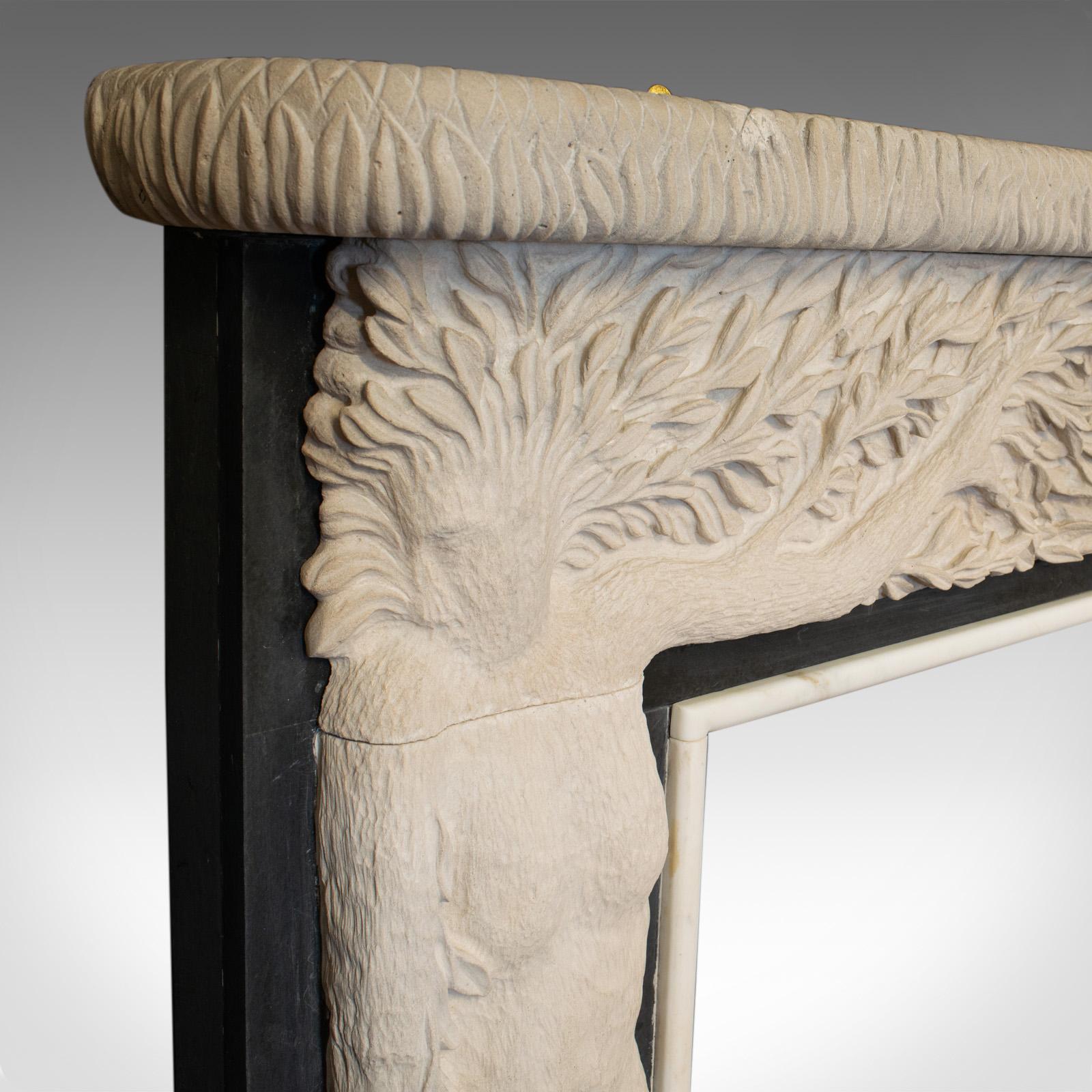 Hand-Carved Forest Decorative Fire Surround, Mantelpiece, English, Portland Stone Fireplace
