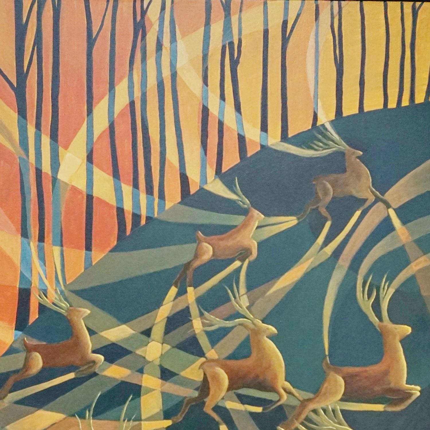 An Art Deco Style Contemporary painting by Vera Jefferson depicting a herd of Deer running across an abstract forest. Signed V Jefferson to lower right. 

Dimensions: H 79cm W 54cm D 6cm

Origin: English

Date: Contemporary 

Vera Jefferson