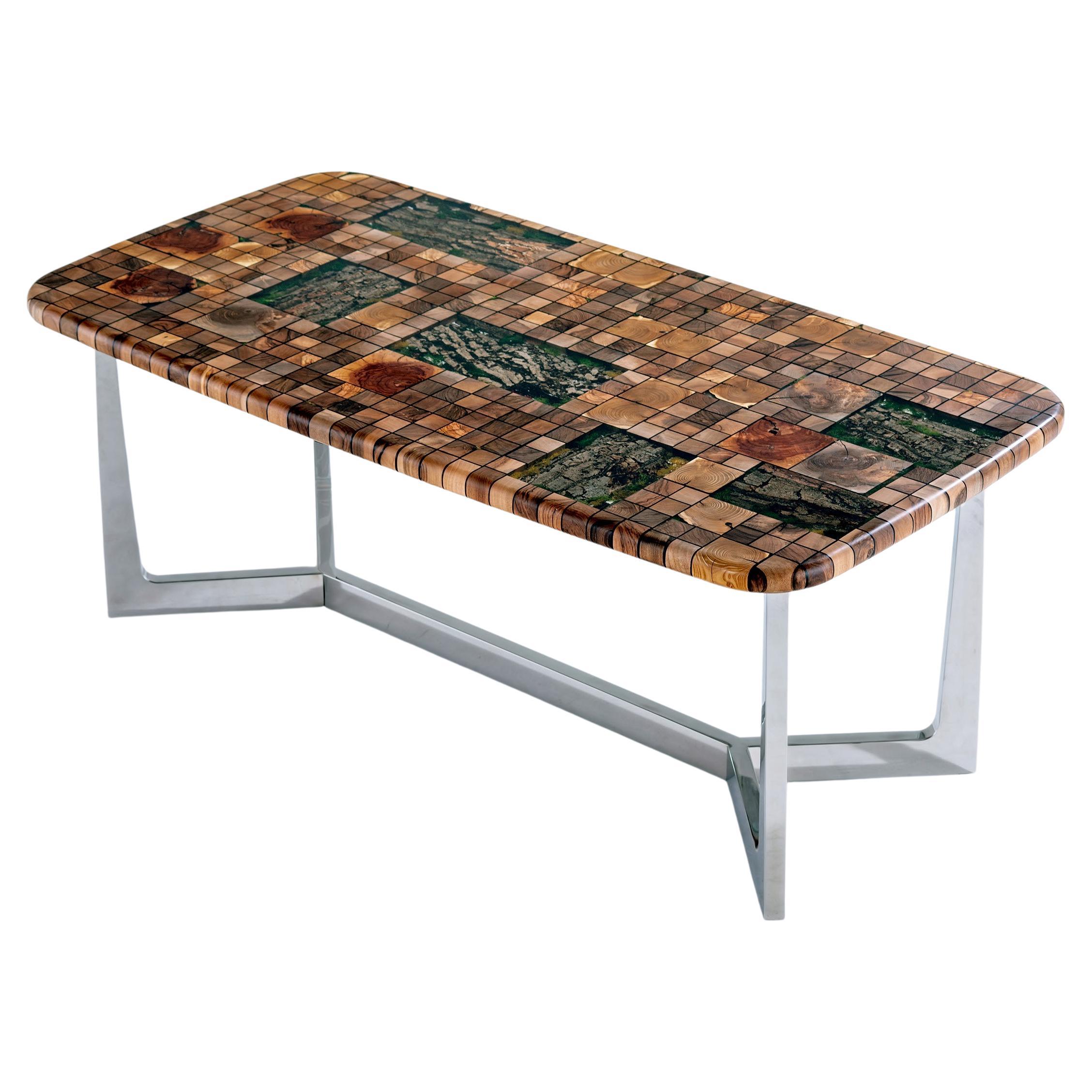 Forest Epoxy Resin Natural Dining Table & Stainless Steel Base For Sale