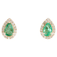 14K 1.08ctw Emerald & Diamond Halo Stud Earrings - Timeless & Elegant Glamour