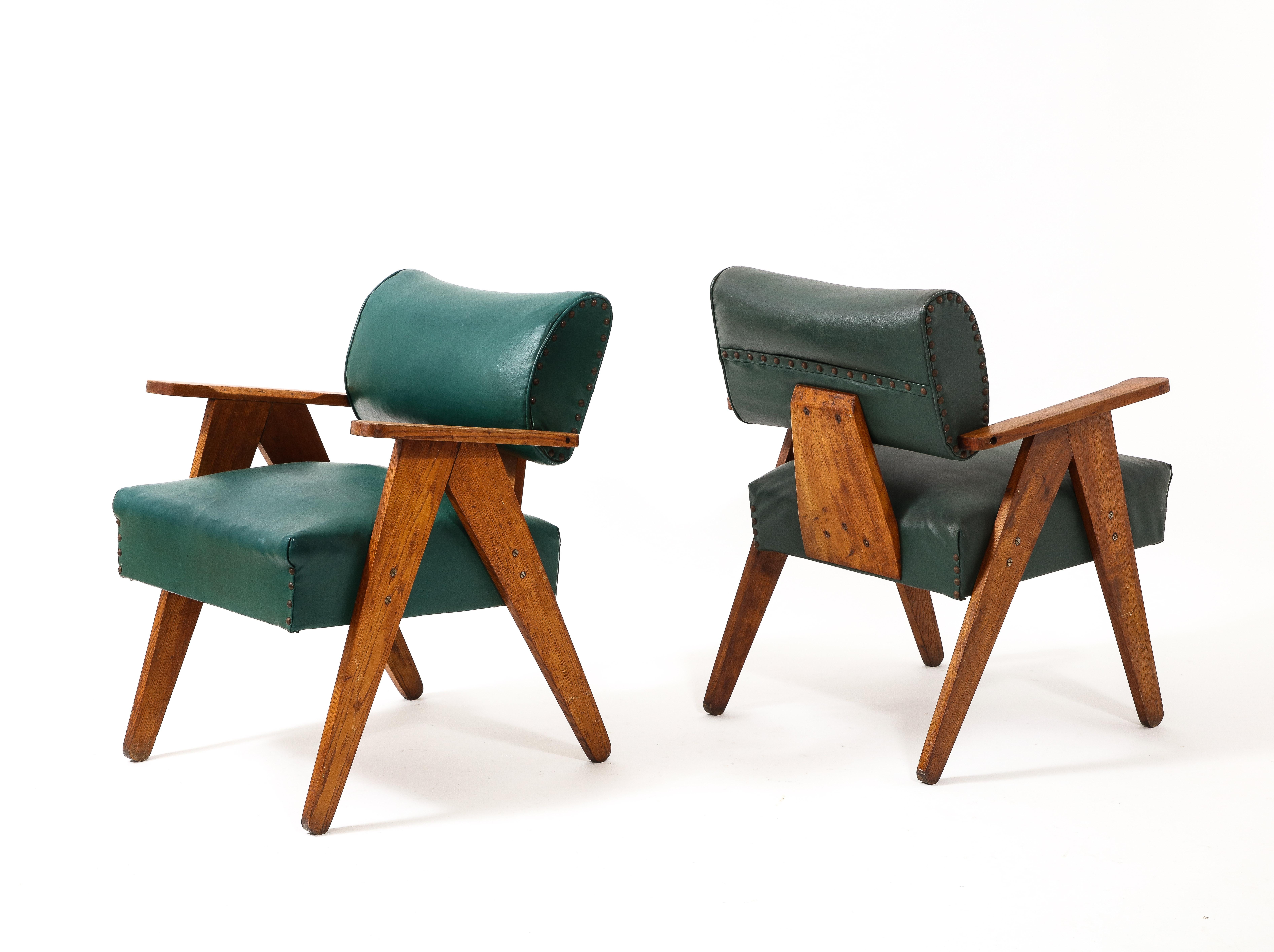 Faux Leather Green Brazilian Armchairs with Stud Detailing, Brazil 1950's