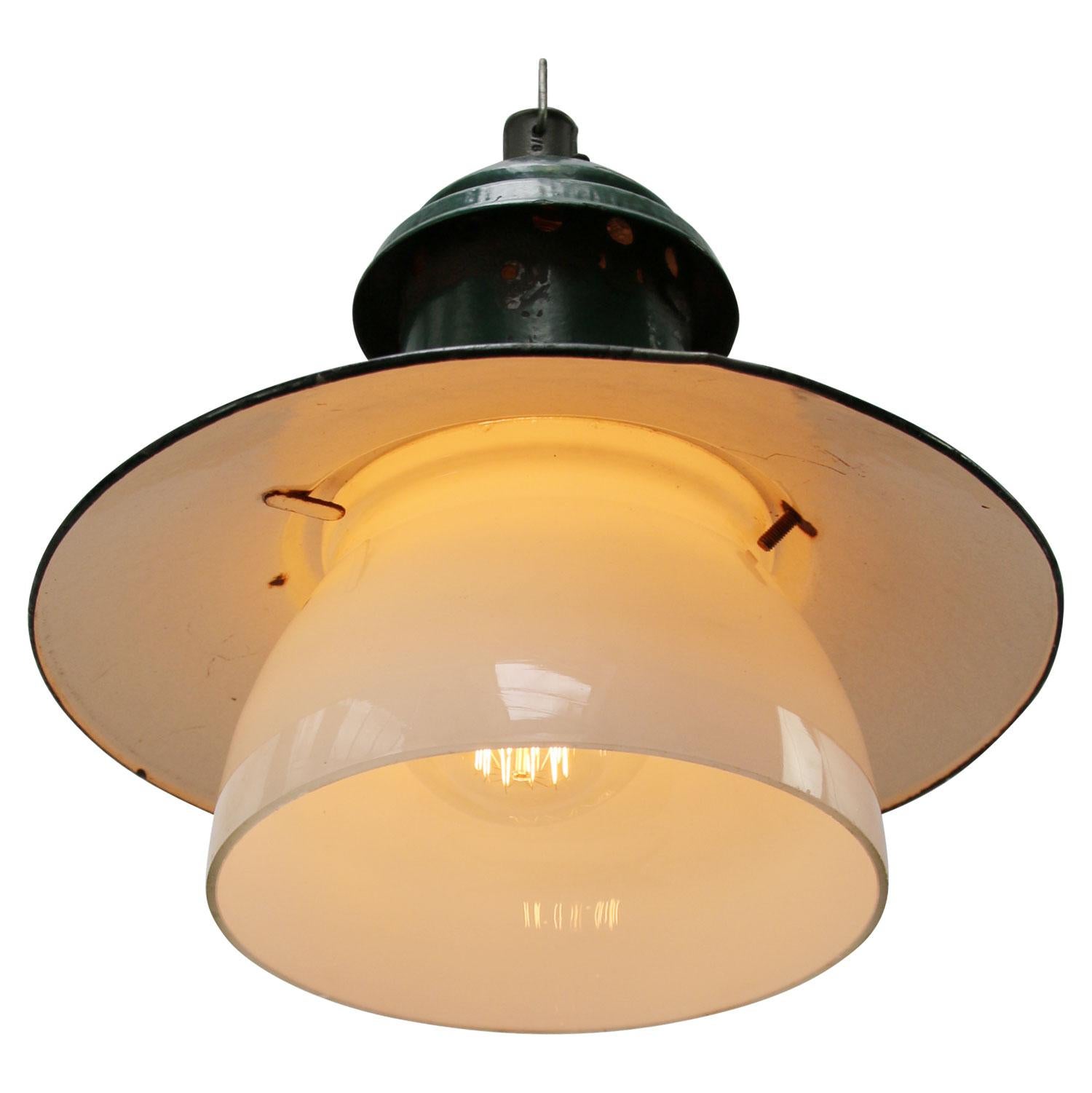 Ukrainian Forest Green Enamel Vintage Industrial Opaline Glass Pendant Lights