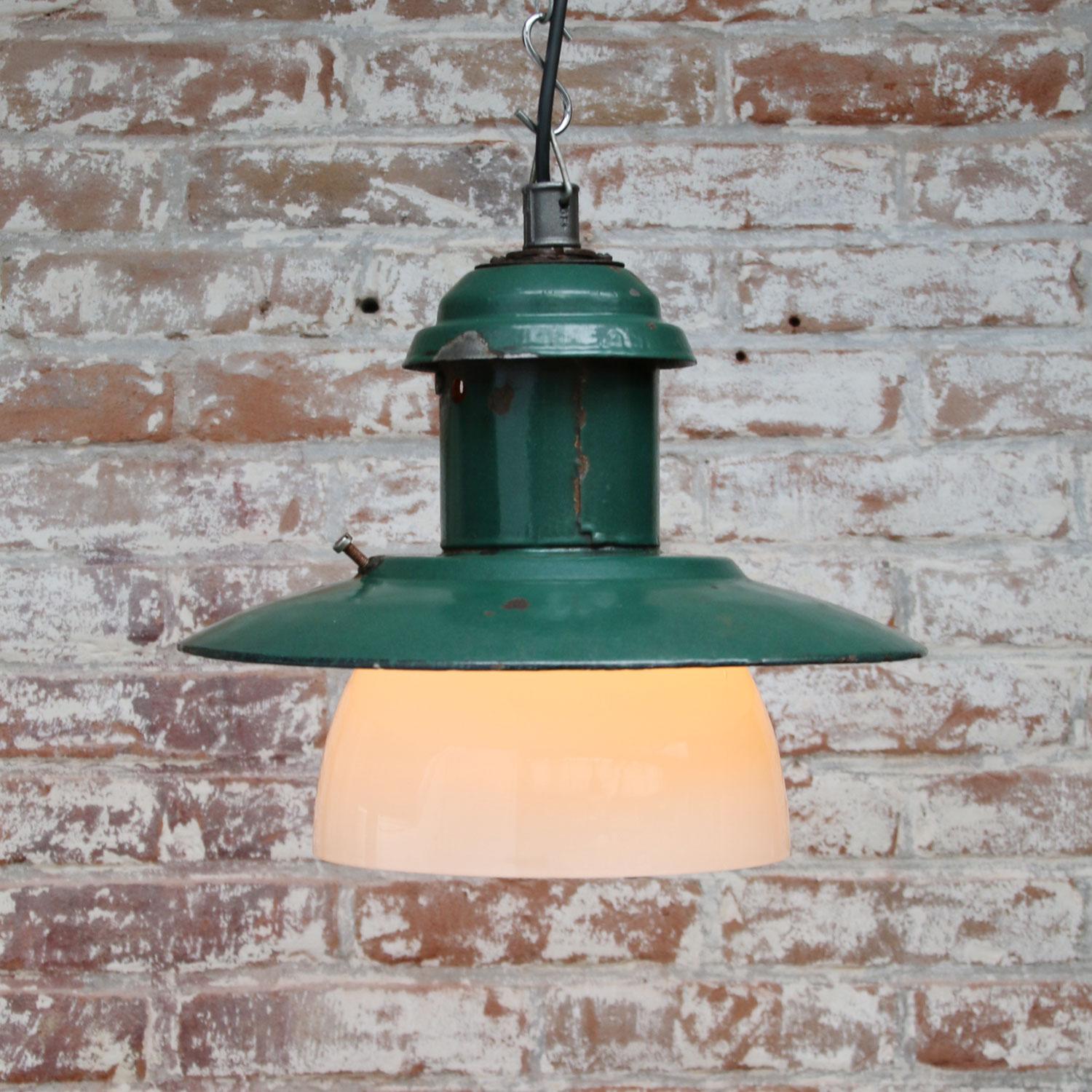 Forest Green Enamel Vintage Industrial Opaline Glass Pendant Lights In Good Condition In Amsterdam, NL