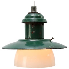 Forest Green Enamel Vintage Industrial Opaline Glass Pendant Lights