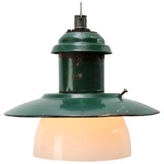 Forest Green Enamel Vintage Industrial Opaline Glass Pendant Lights 