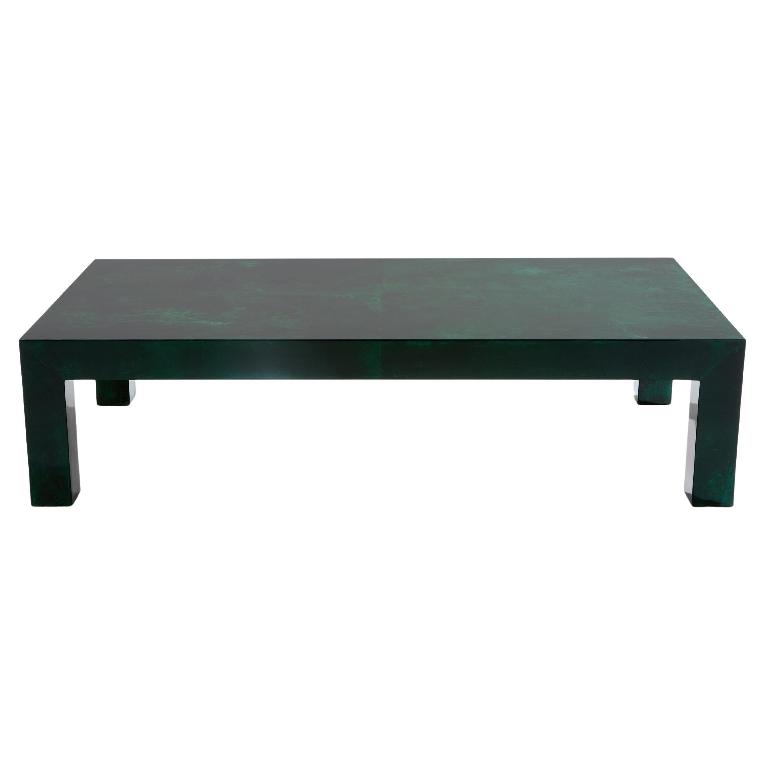 Mesa de centro de pergamino de piel de cabra verde bosque de Aldo Tura Años 60