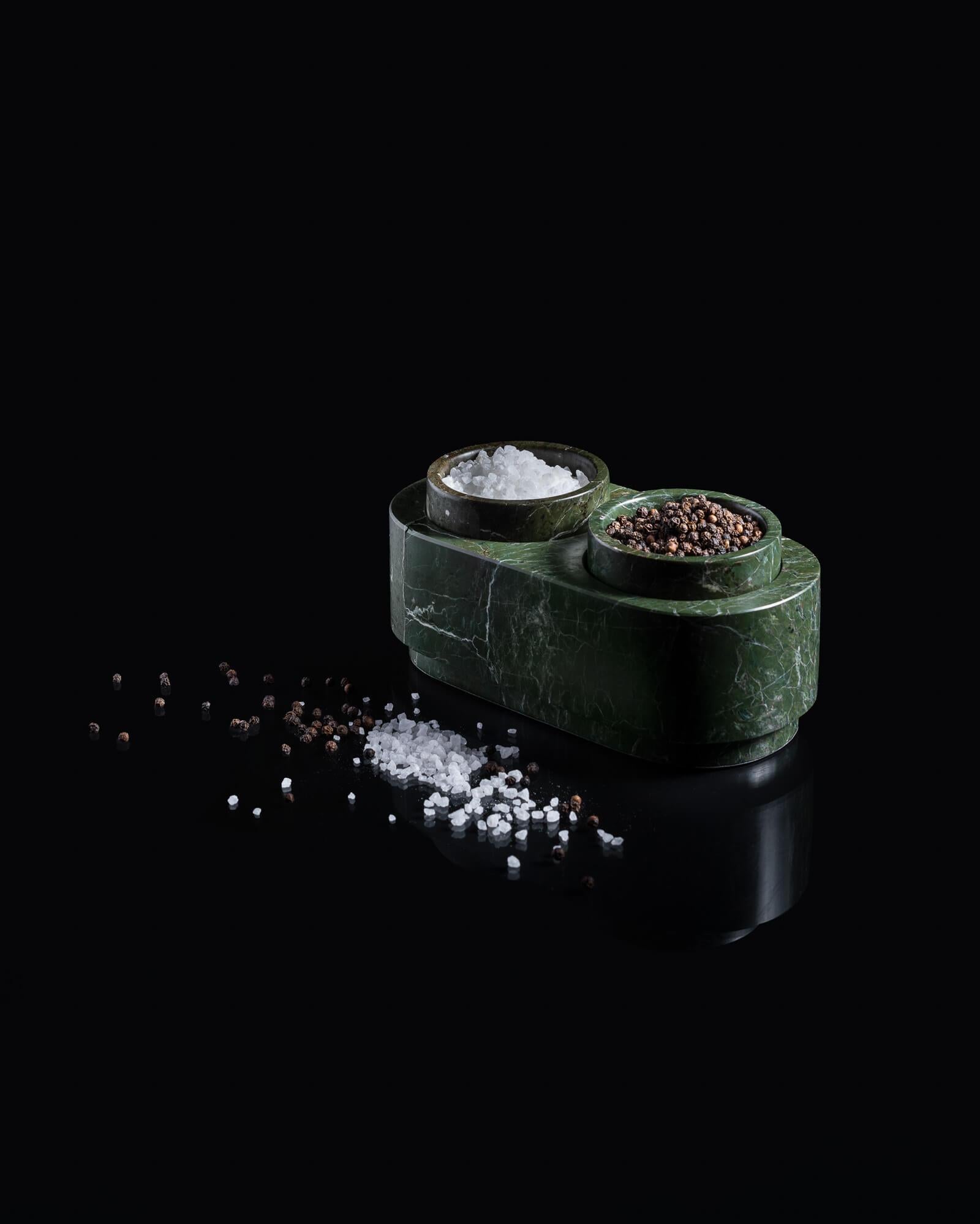 Hand-Crafted Forest Green Marble Salt & Pepper Container Set For Sale