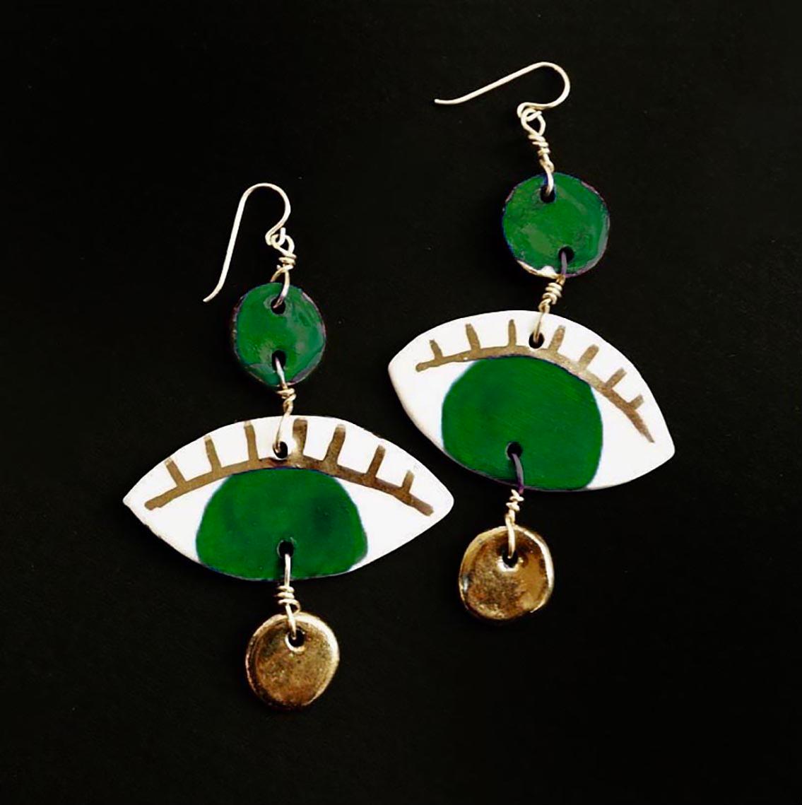 Handcrafted earrings in porcelain, painted in our deep and custom made forest green glaze and with 14k gold leaf. Hypoallergenic gold-filled ear wire.  Each piece is hand made so slightly different from each other which gives our jewelry its unique