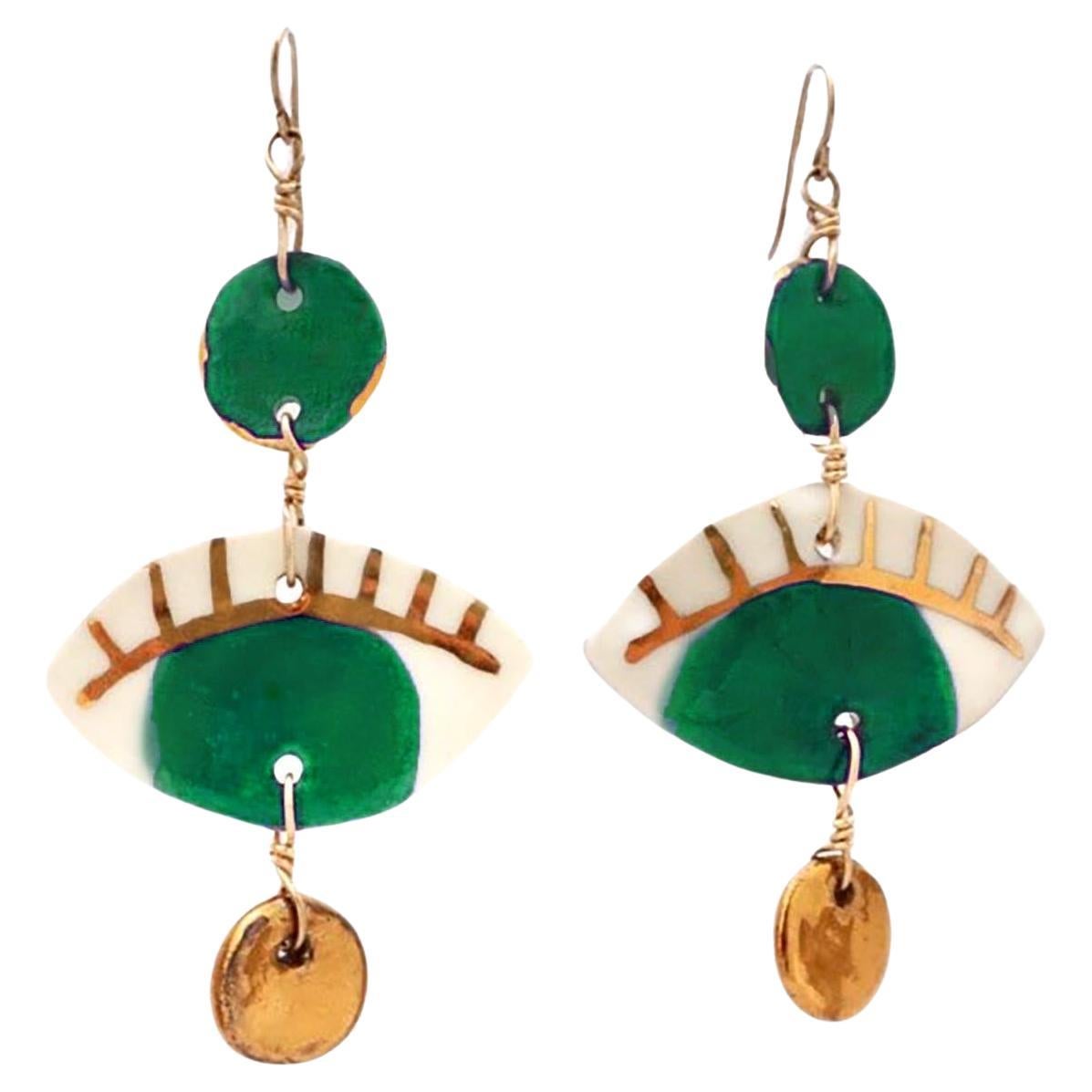 Forest Green Occhi Earrings - Handmade porcelain with 14k gold leaf detail For Sale