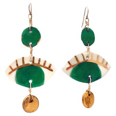 Forest Green Occhi Earrings - Handmade porcelain with 14k gold leaf detail
